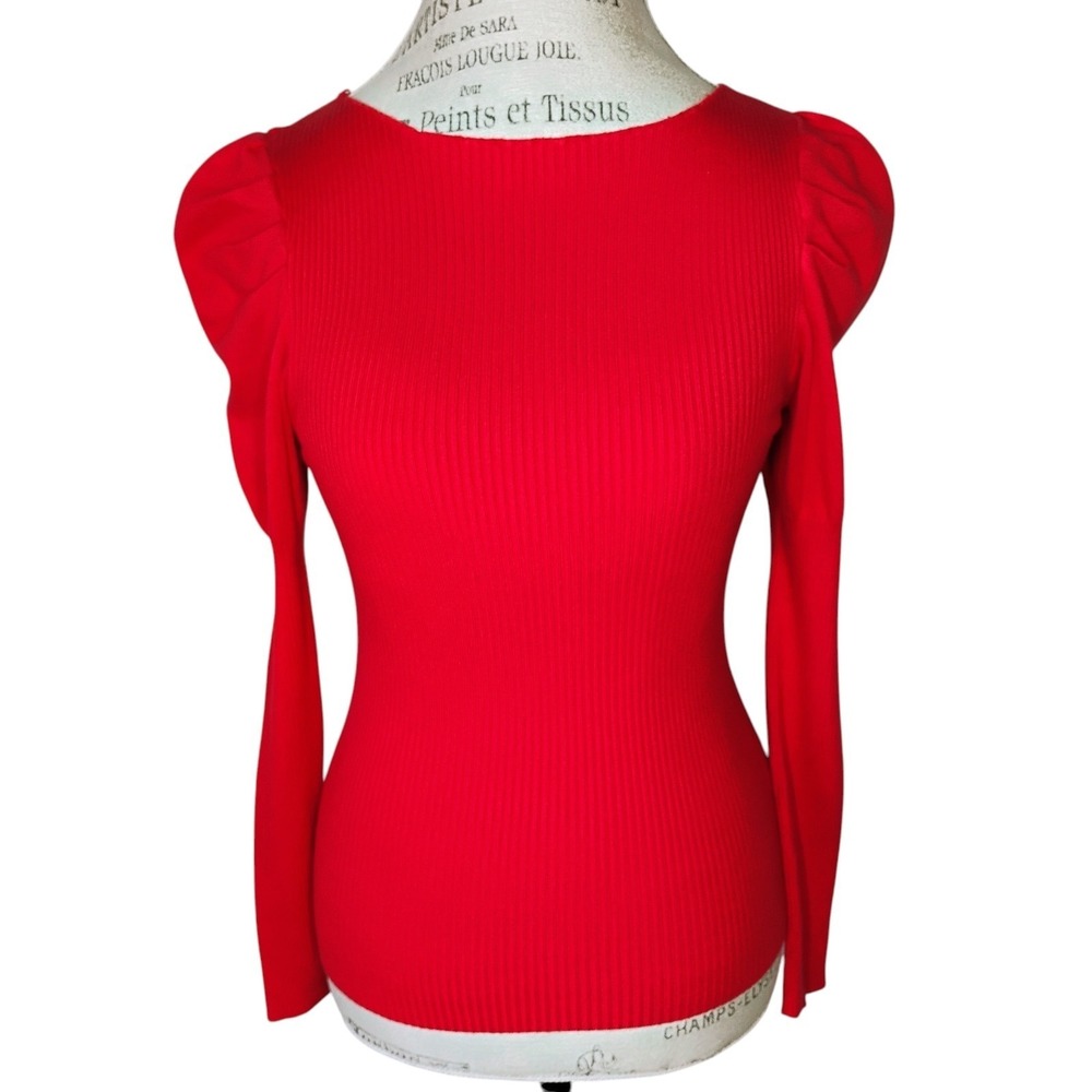 Anthropologie Cecilia Puff Sleeved Sweater XS Red Ribbed Knit Vibrant Office